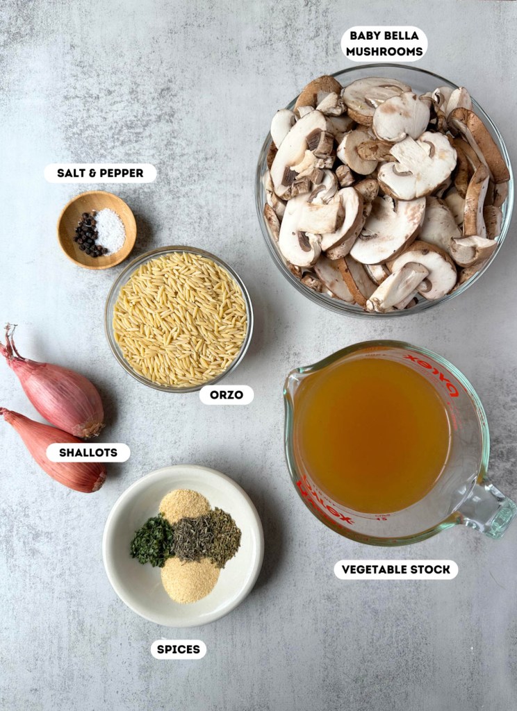 labeled ingredients photo for vegan mushroom orzo
