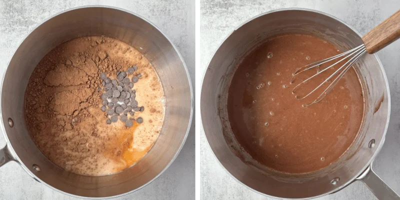 before and after melting all ingredients for homemade hot chocolate