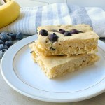 finished vegan sheet pan pancakes with blueberries