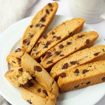 vegan chocolate chip biscotti on a white plate