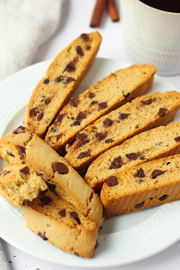 vegan chocolate chip biscotti on a white plate