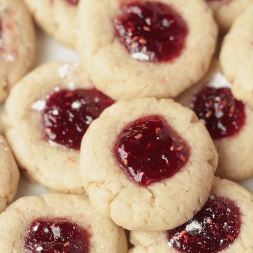 close up vegan raspberry thumbprint cookies