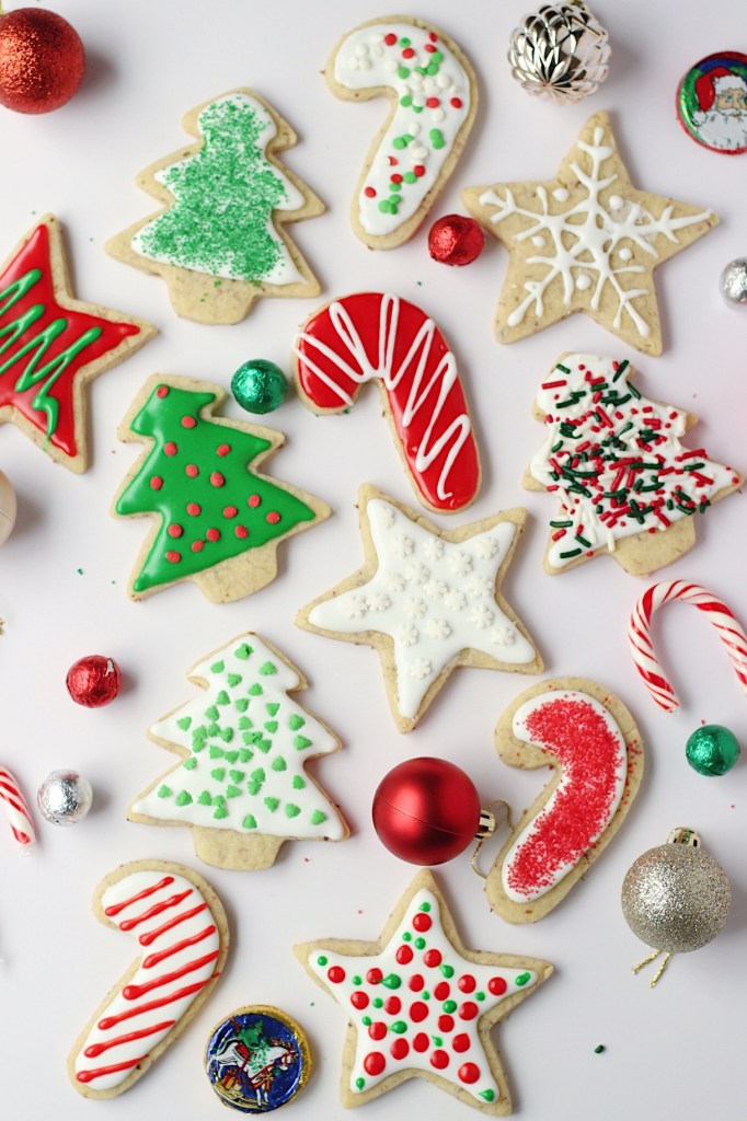 vegan cut out sugar cookies decorated christmas theme