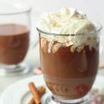homemade hot chocolate in a glass mug with whipped cream