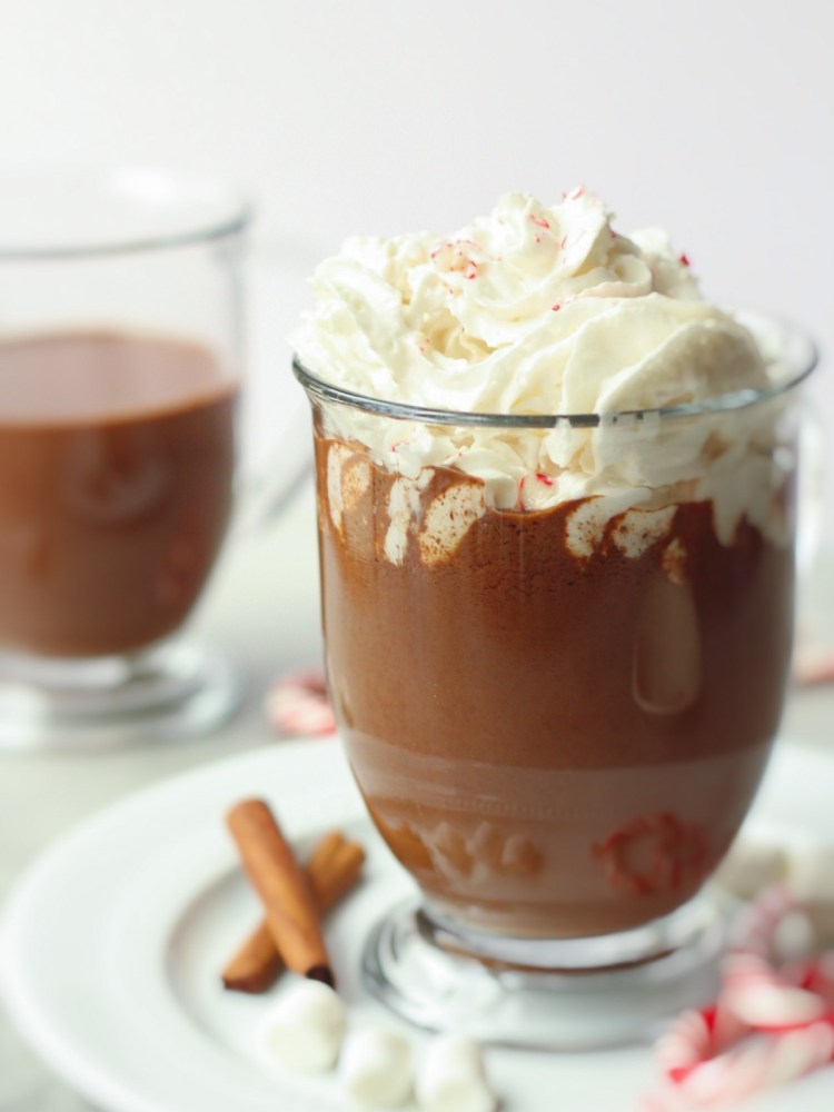 homemade hot chocolate in a glass mug with whipped cream