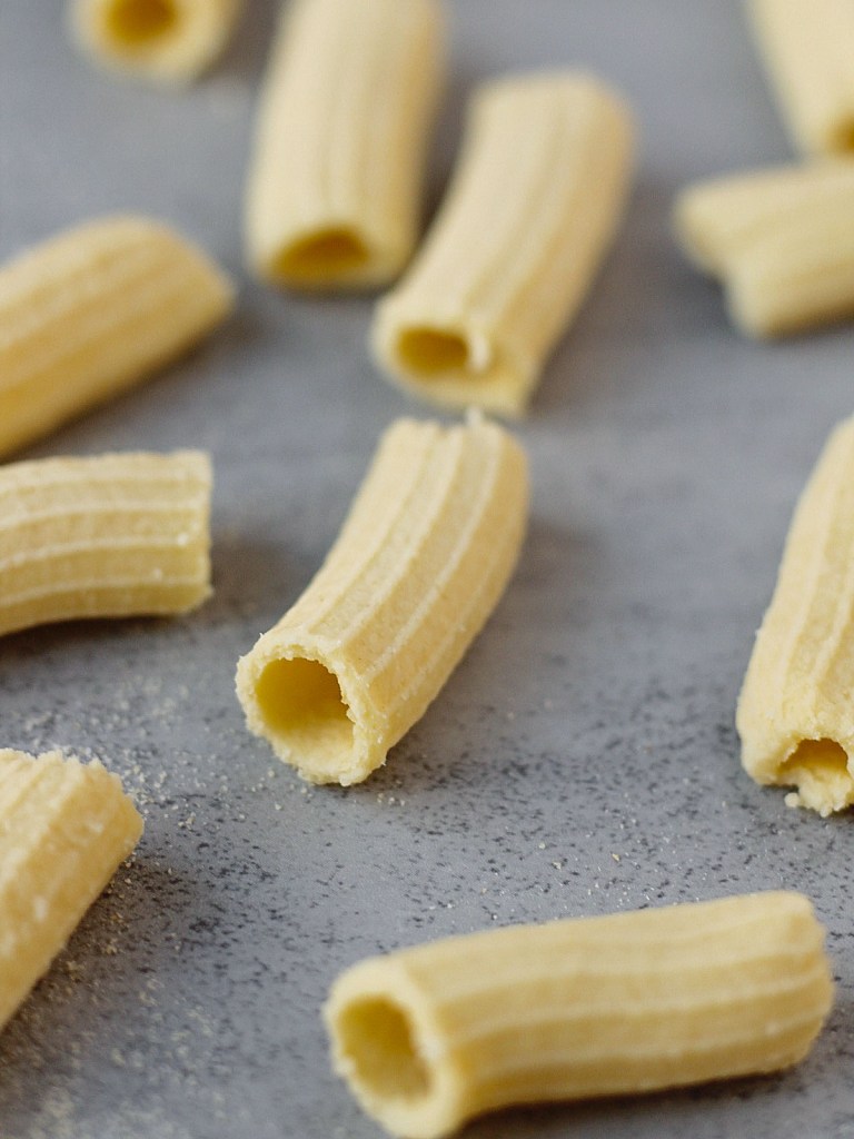 homemade vegan pasta dough rigatoni close up
