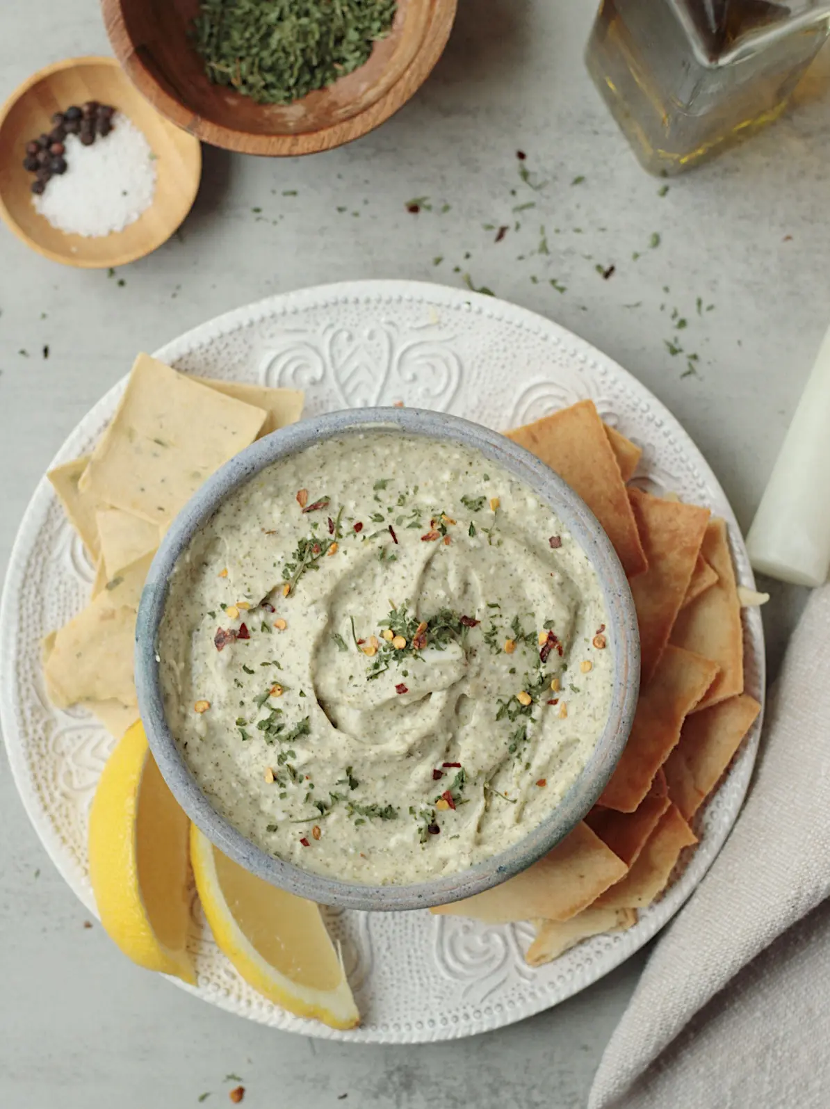 top view vegan whipped feta dip