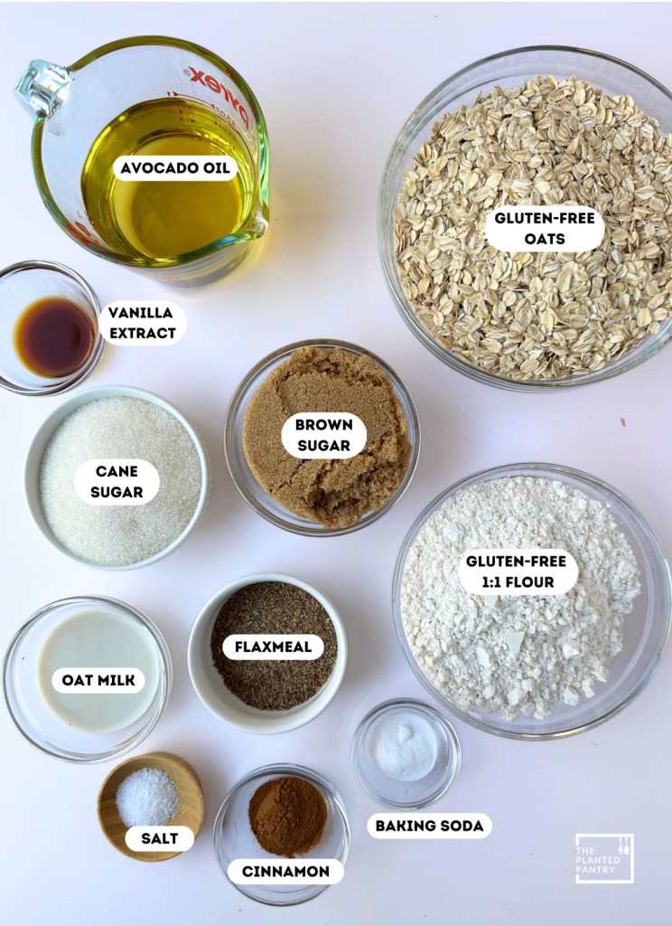 ingredients for gluten-free vegan oatmeal cookies labeled