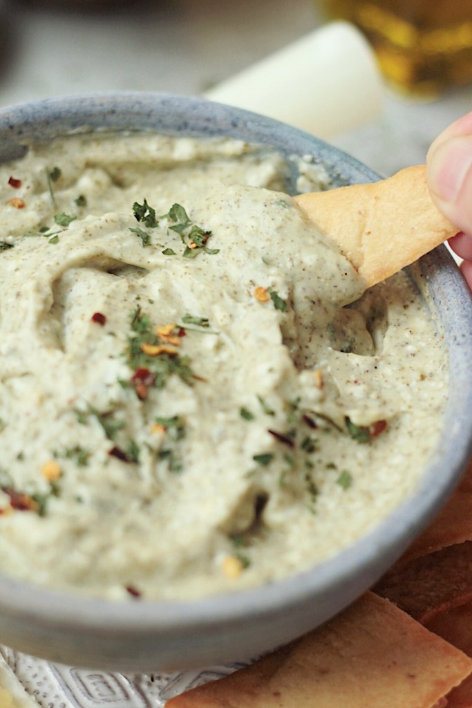 vegan whipped feta dip with chip dipping