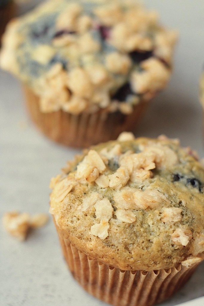 oatmeal streusel topping on blueberry muffins