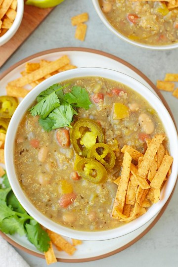 top view vegan white chili in a white bowl