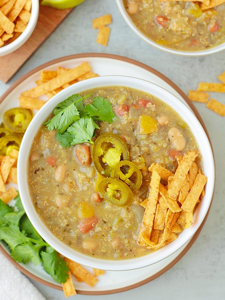 top view vegan white chili in a white bowl