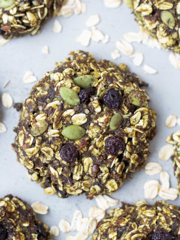 close up top view of one oatmeal protein cookie