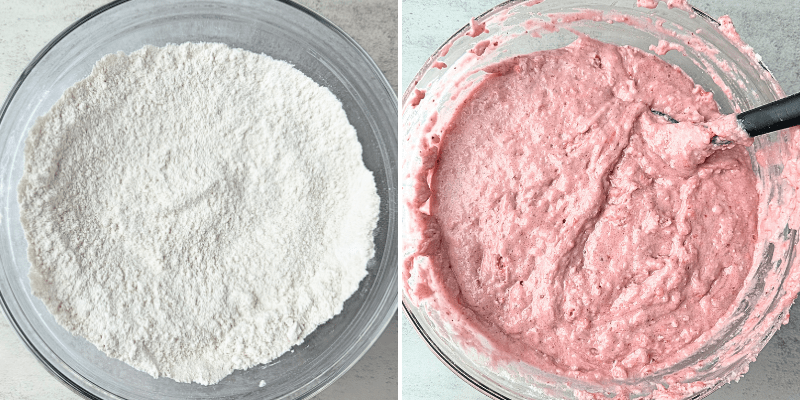 2 bowls showing before and after adding wet ingredients to cake batter