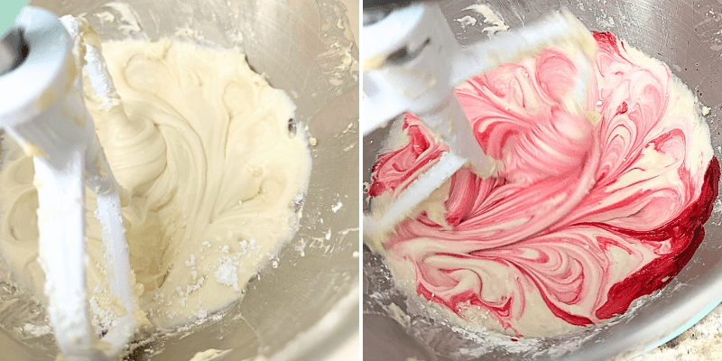 2 steps vegan cake frosting before and after adding food coloring
