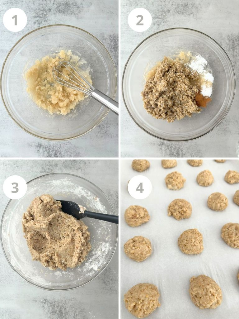 4 steps showing wet ingredients mixed, then dry ingredients then final dough, then cookies being shaped