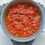 top view garden veggie pasta sauce in pan