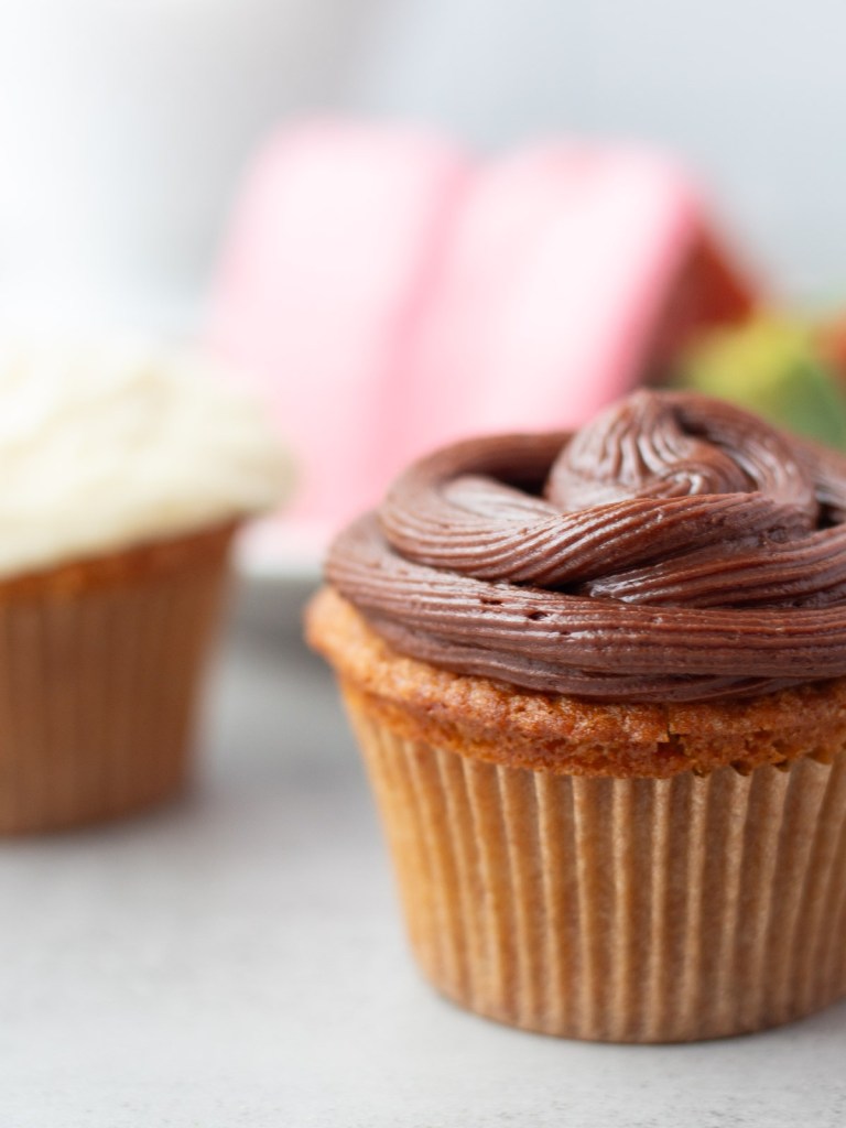 chocolate vegan cake frosting on a cupcake
