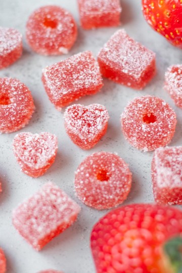close up vegan gummy candy in 3 different shapes