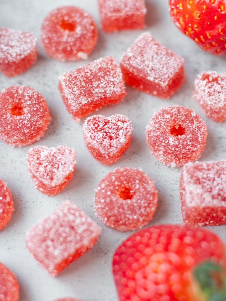 close up vegan gummy candy in 3 different shapes