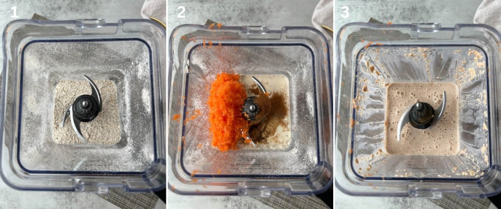 3 steps of making carrot cake pancake batter in blender
