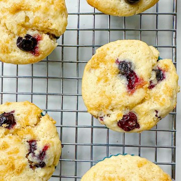 finished vegan lemon blueberry muffins on cooling rack