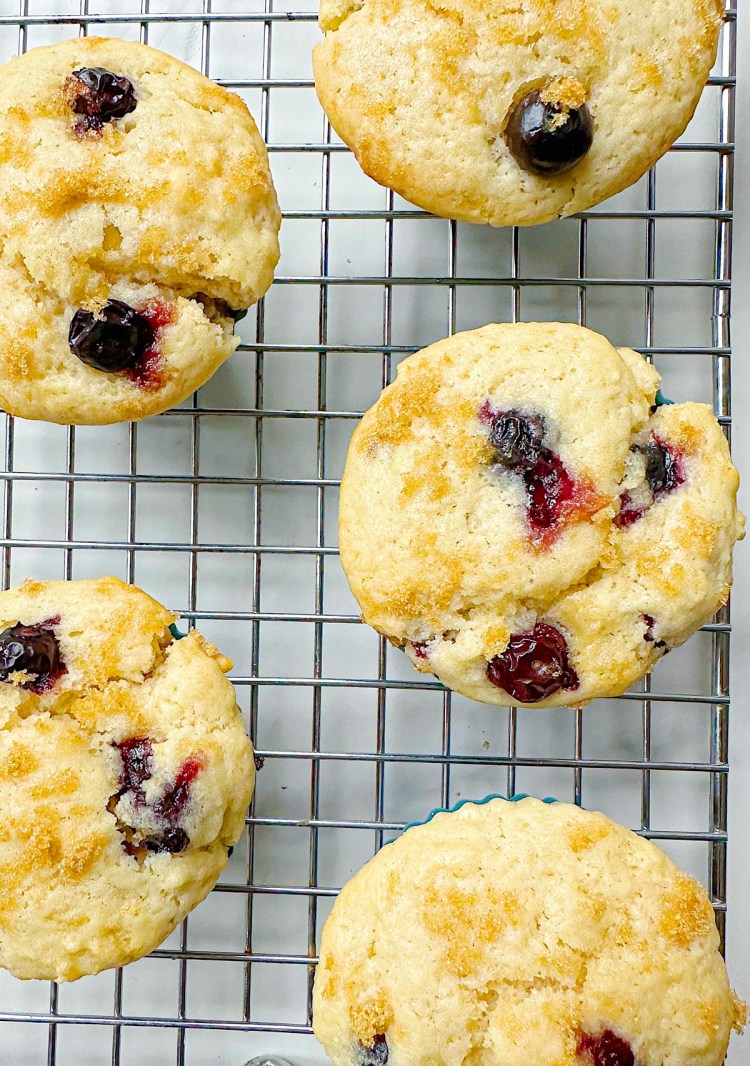 finished vegan lemon blueberry muffins on cooling rack