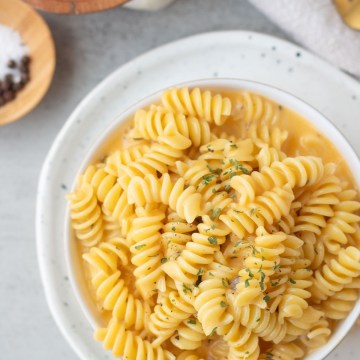 top view vegan easy mac in white bowl