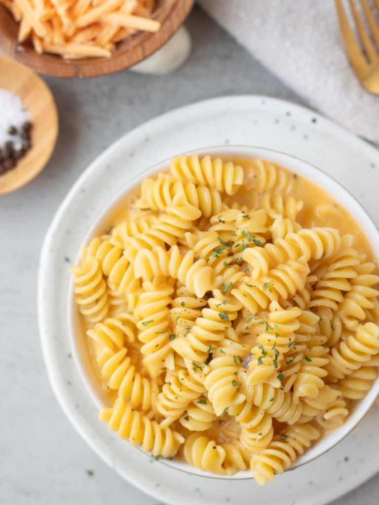 top view vegan easy mac in white bowl