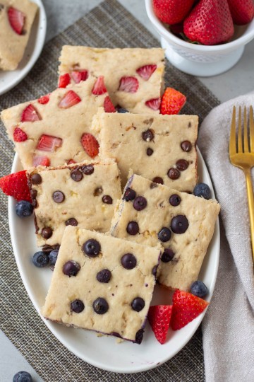 top view sheet pan pancakes on serving platter