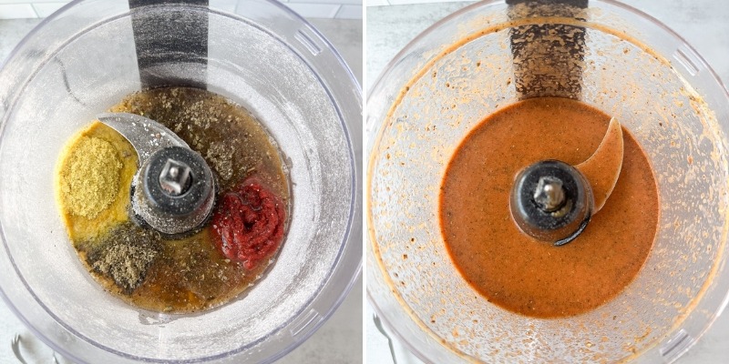 mixing wet ingredients in food processor for seitan sausage