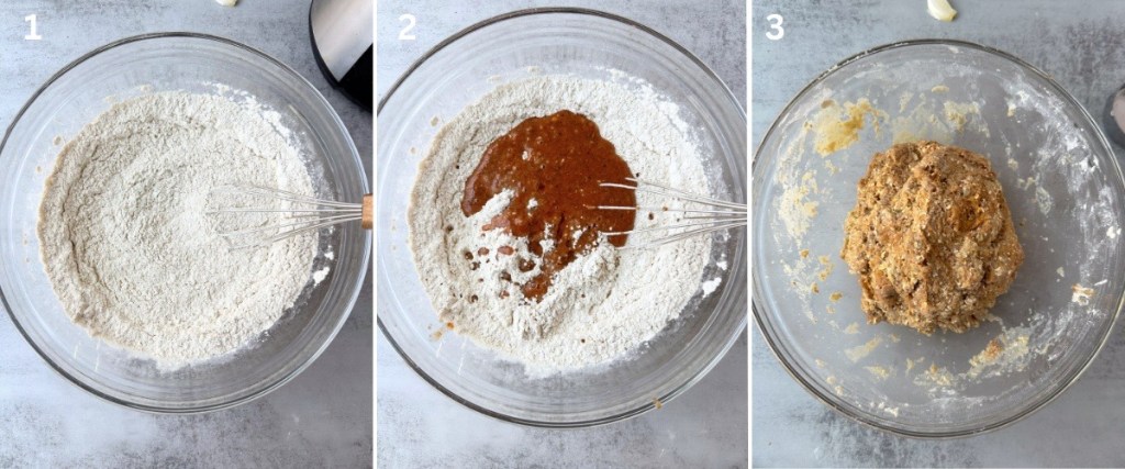 3 steps of mixing dough for vegan breakfast sausage links