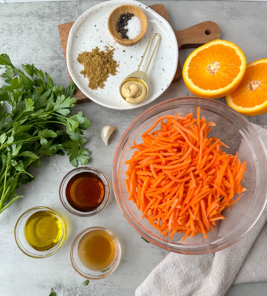 ingredients for raw Moroccan carrot salad