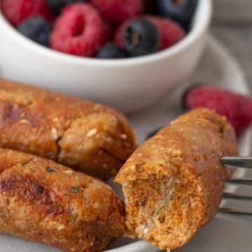 seitan sausage link with bite taken out