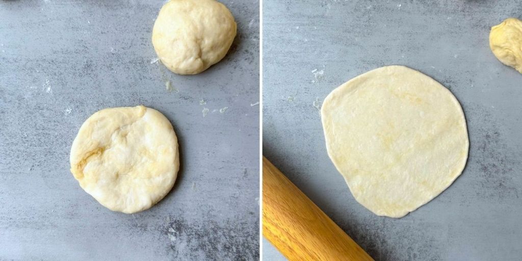 2 steps showing shaping dough ball into a disc then rolling into a circle