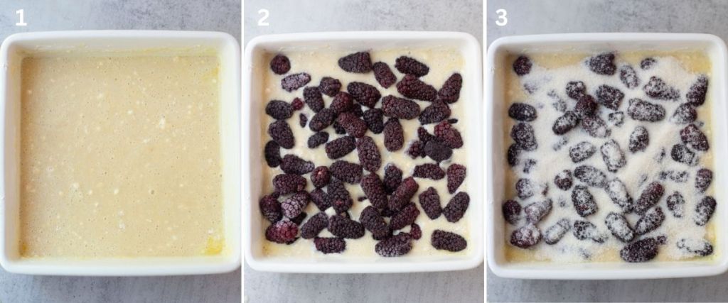 3 steps of mixing batter, adding berries, and sprinkling sugar on top of the unbaked cobbler