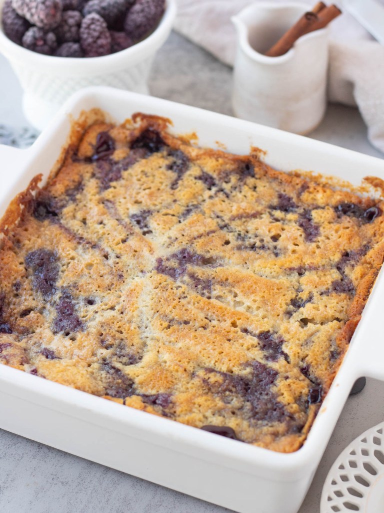 finished vegan blackberry cobbler in baking dish