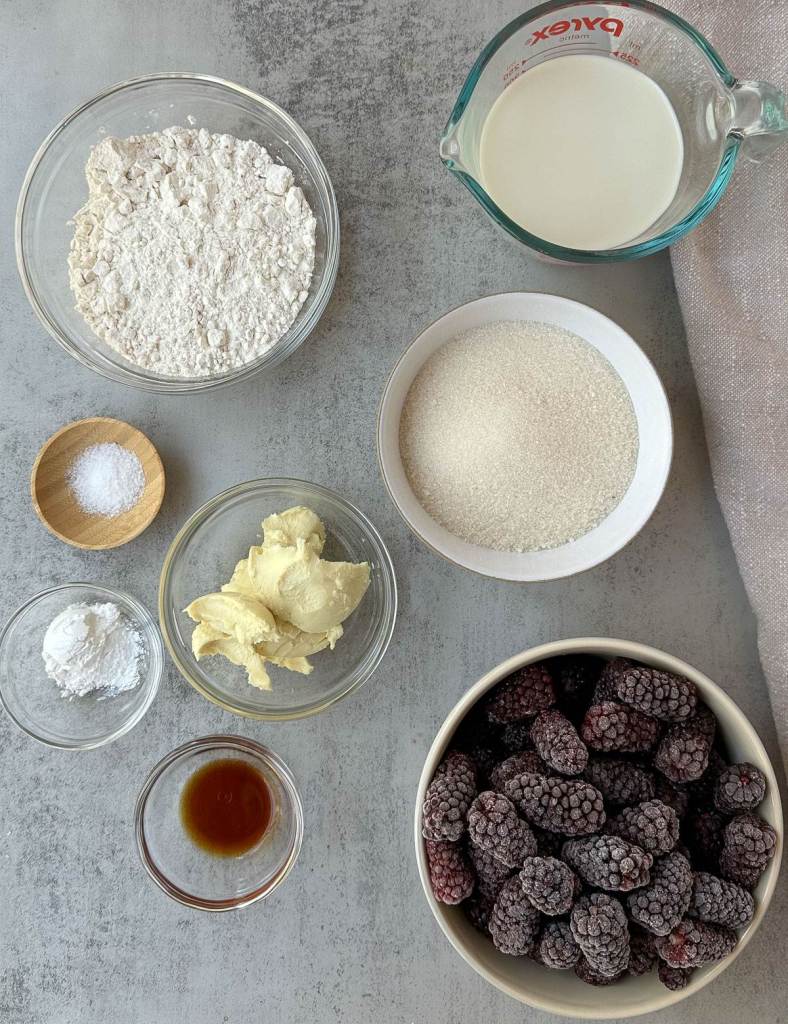 ingredients for vegan blackberry cobbler on a grey background