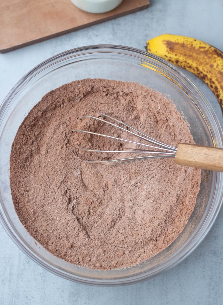 Bowl of easy vegan brownie batter dry ingredients
