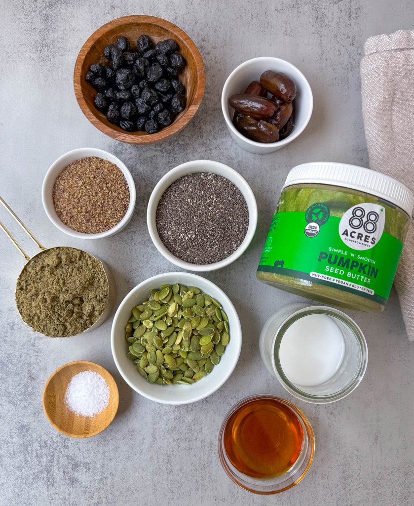 ingredients for nut-free protein bars on a grey background
