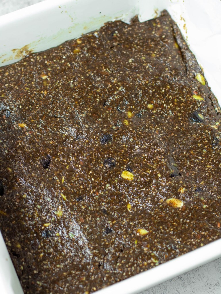 protein bars pressed into a baking dish