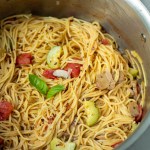 close up finished vegan one pot spaghetti in pot