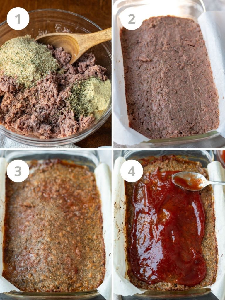 4 steps of mixing vegan meatloaf and baking it